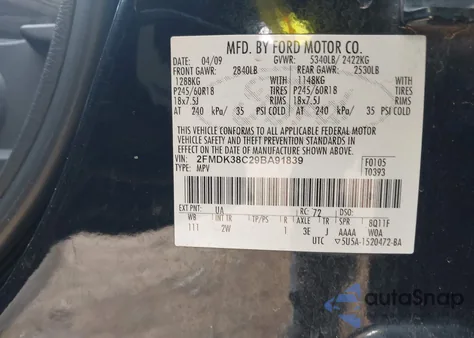 2009 Ford Edge Sel из США, поврежденный, VIN 2FMDK38C29BA91839